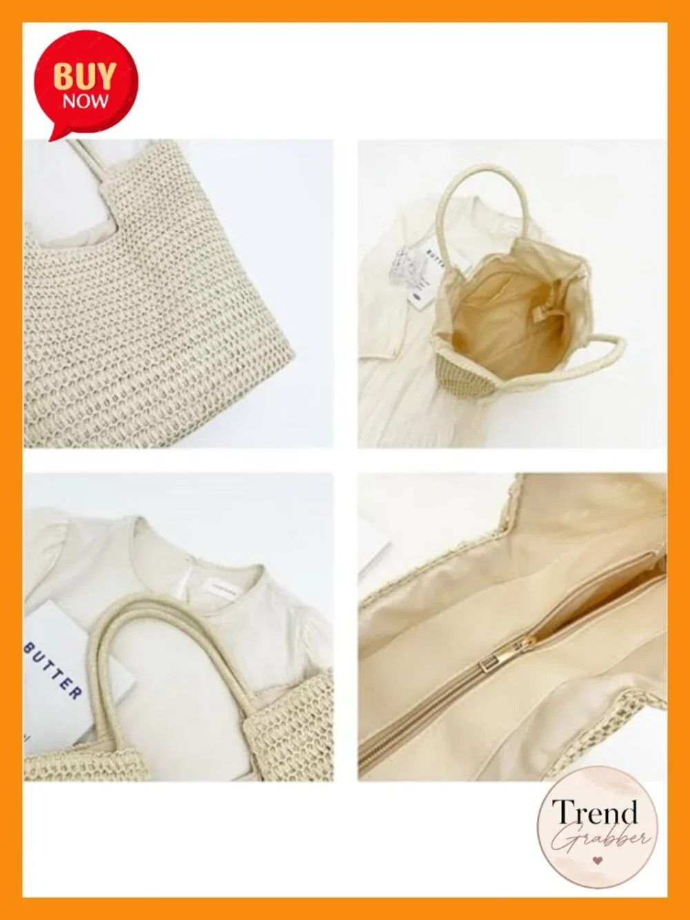 Woven Straw Tote Bag with Zipper Closure - Large Hobo Shoulder Bag for Travel